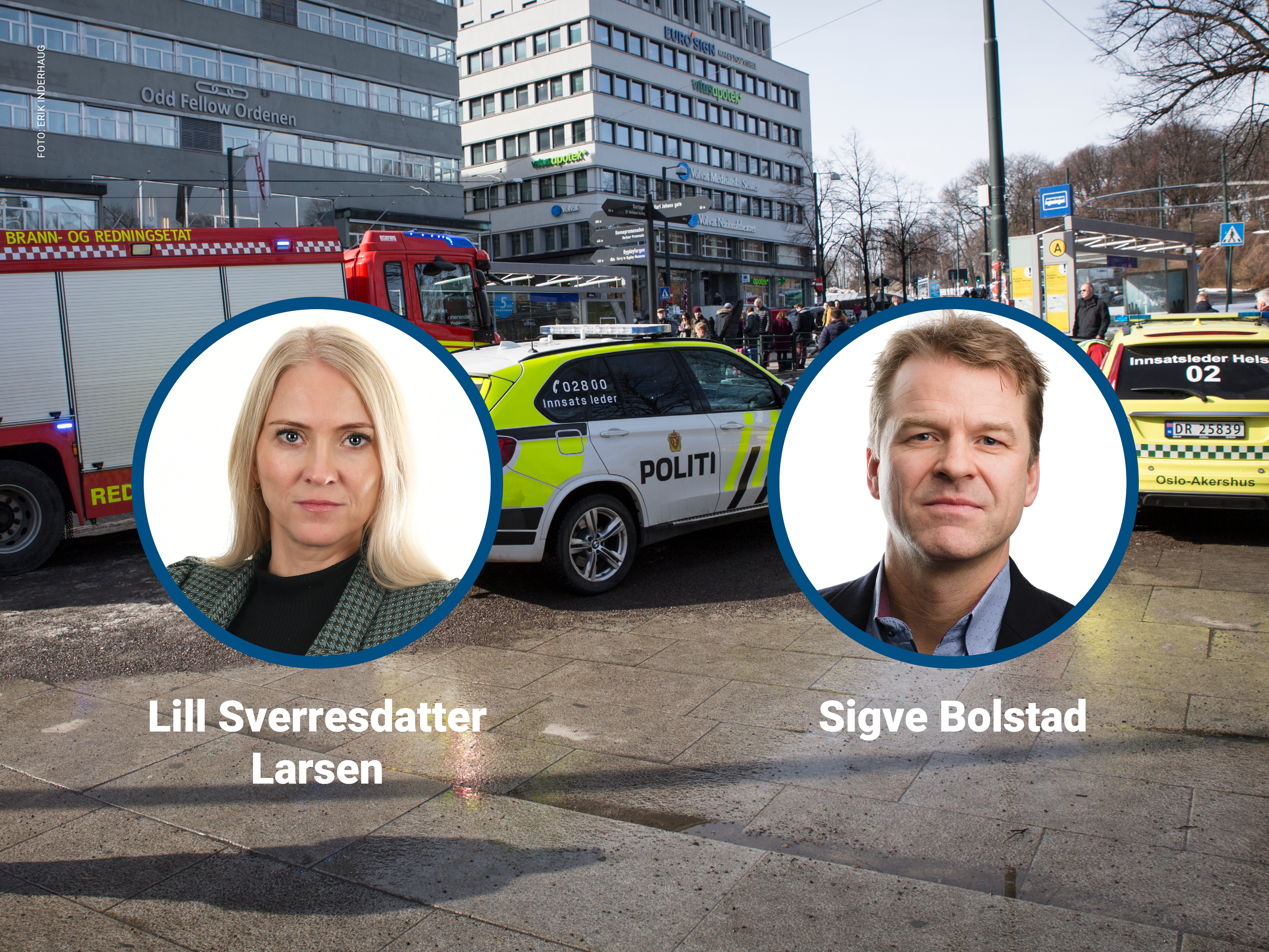 Lill Sverresdatter Larsen og Sigve Bolstad med brann, politi og ambulanse i bakgrunnen