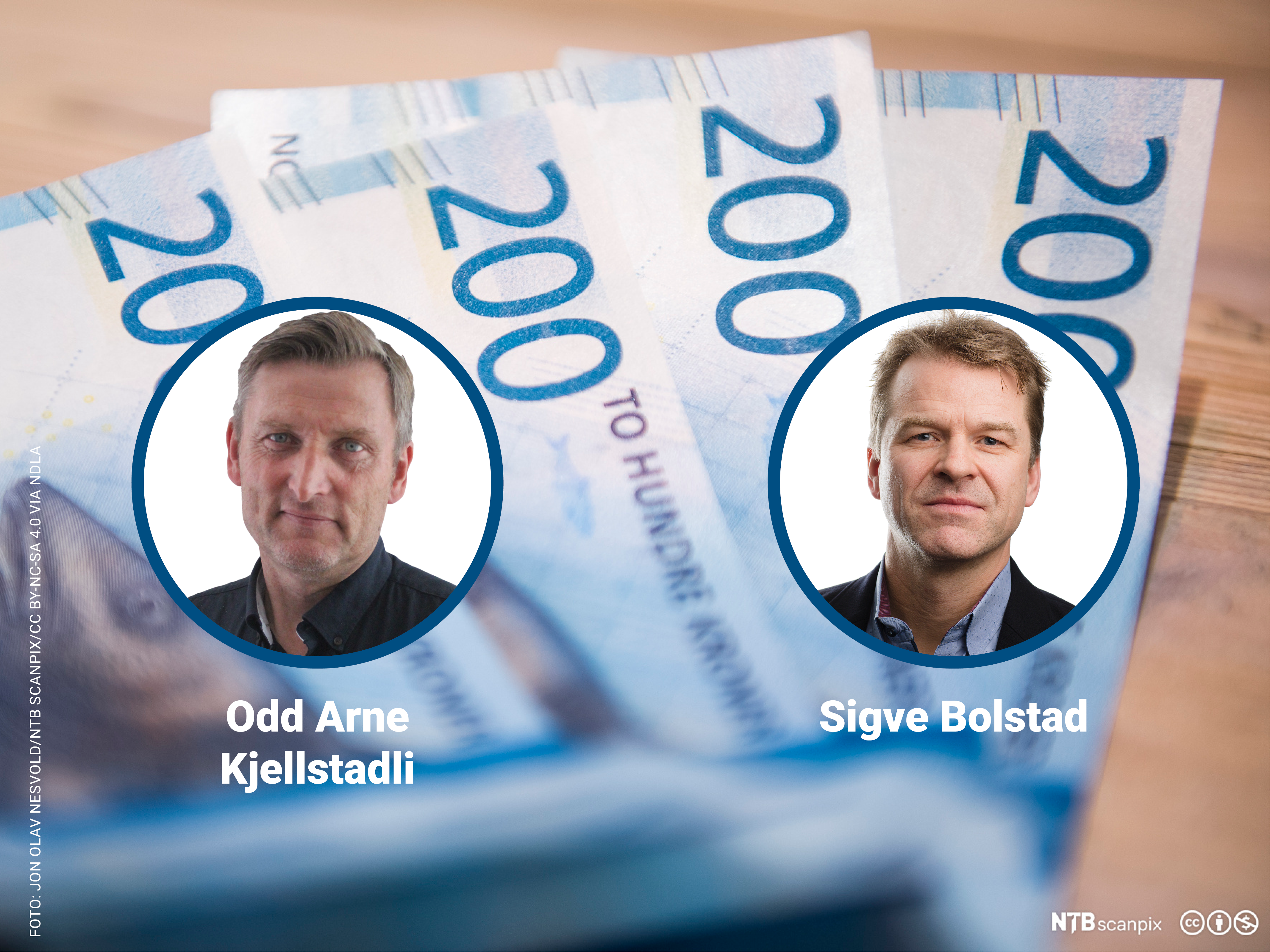 Odd Arne Kjellstadli og Sigve Bolstad med penger i bakgrunnen